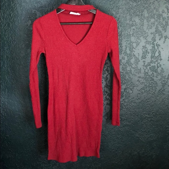 Red Long Sleeve Keyhole Burt Date Night Dress - Picture 1 of 4